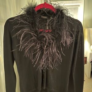 Tahari Vintage Black Feather-Trim Cardigan